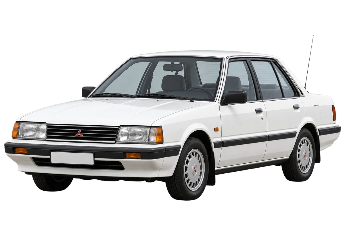 Witte Mitsubishi Galant E10, schuin van voren