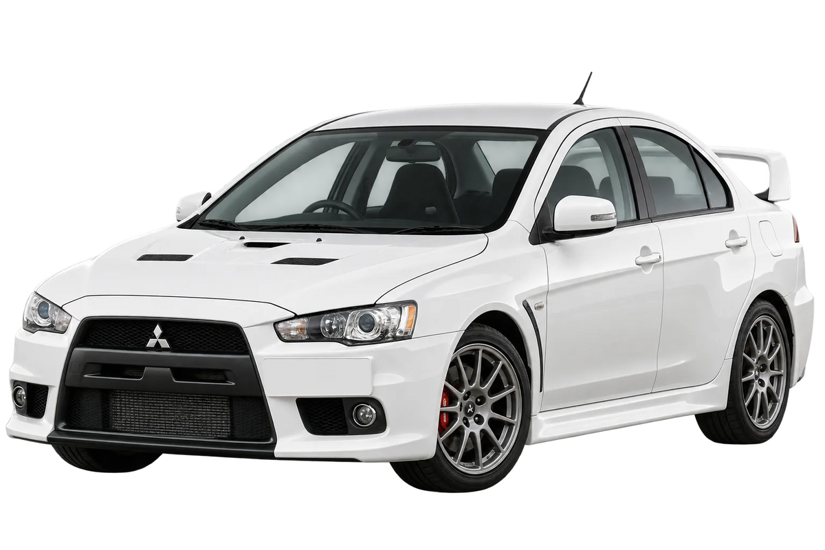 Witte Mitsubishi Lancer CZ0 Evolution 10, schuin van voren