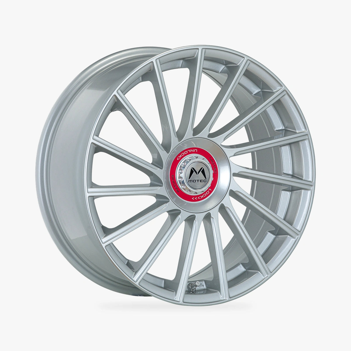 MOTEC TORNADO REVOLUTION (MCT9R) High Gloss Silver lichtmetalen velg in schuin driekwartaanzicht