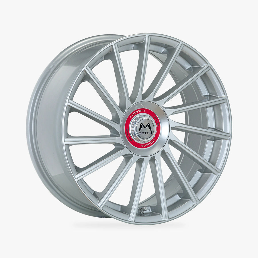 MOTEC TORNADO REVOLUTION (MCT9R) High Gloss Silver lichtmetalen velg in schuin driekwartaanzicht