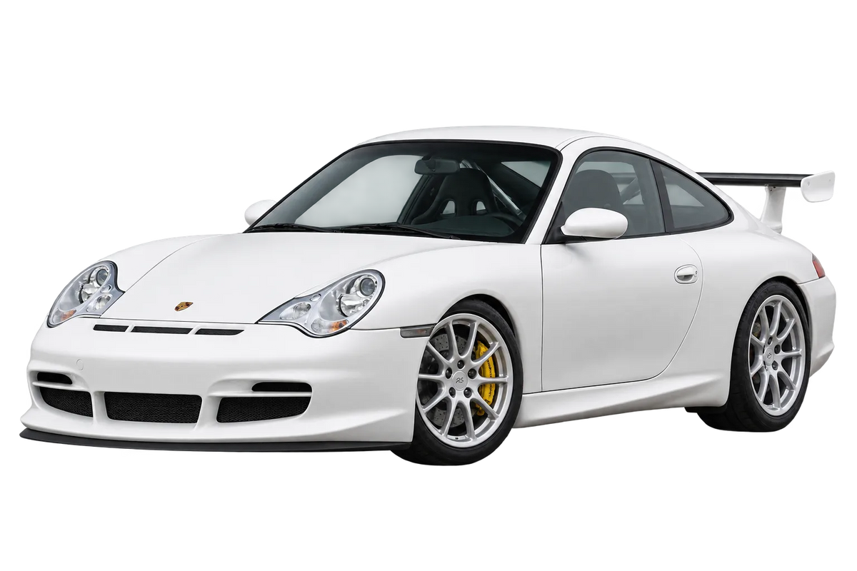 Witte Porsche 911 996 GT3 RS, schuin van voren