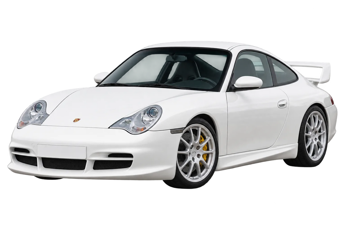 Witte Porsche 911 996 GT3, schuin van voren
