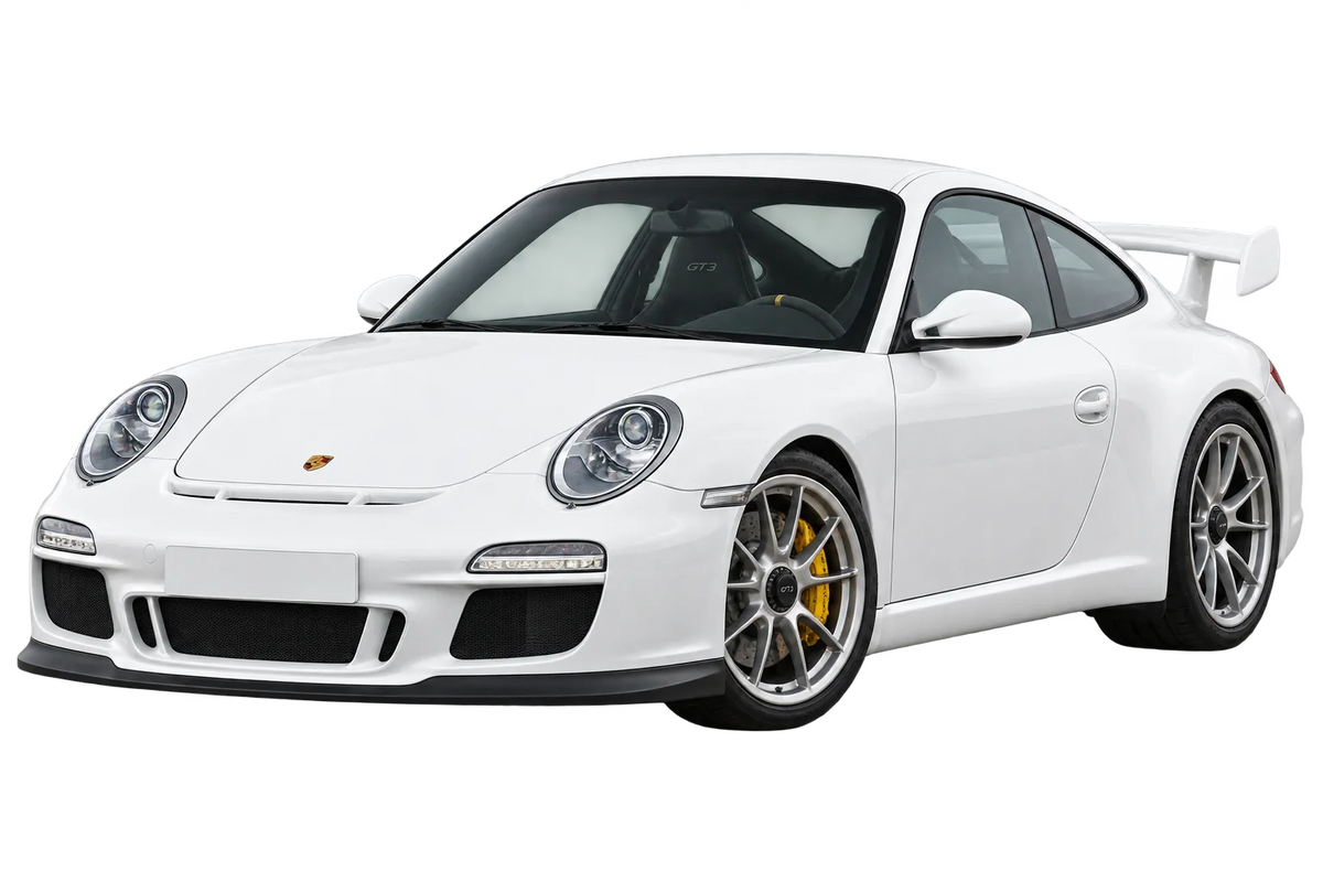 Witte Porsche 911 997, 997G GT3, schuin van voren