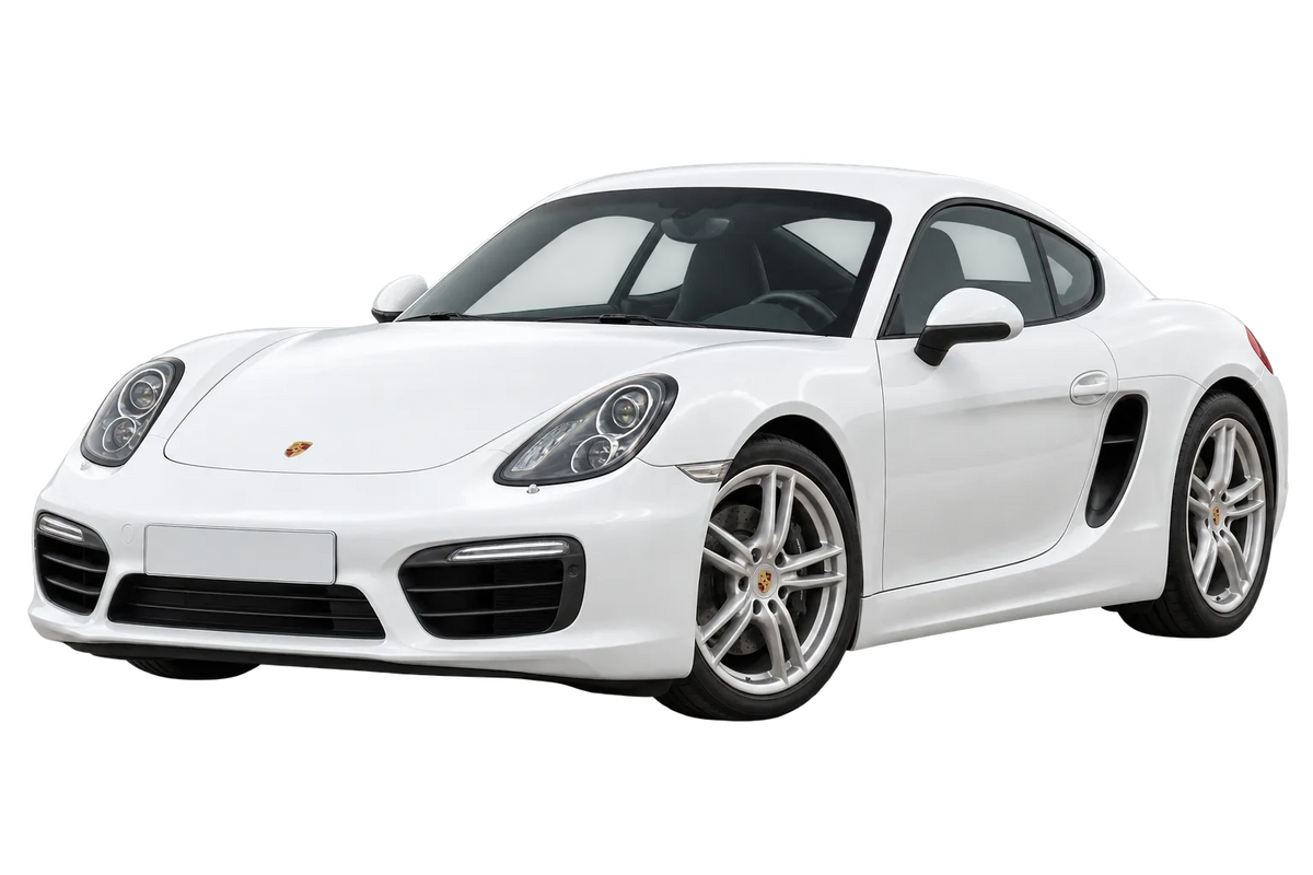 Witte Porsche Cayman 981 Cayman / 202 kW, schuin van voren