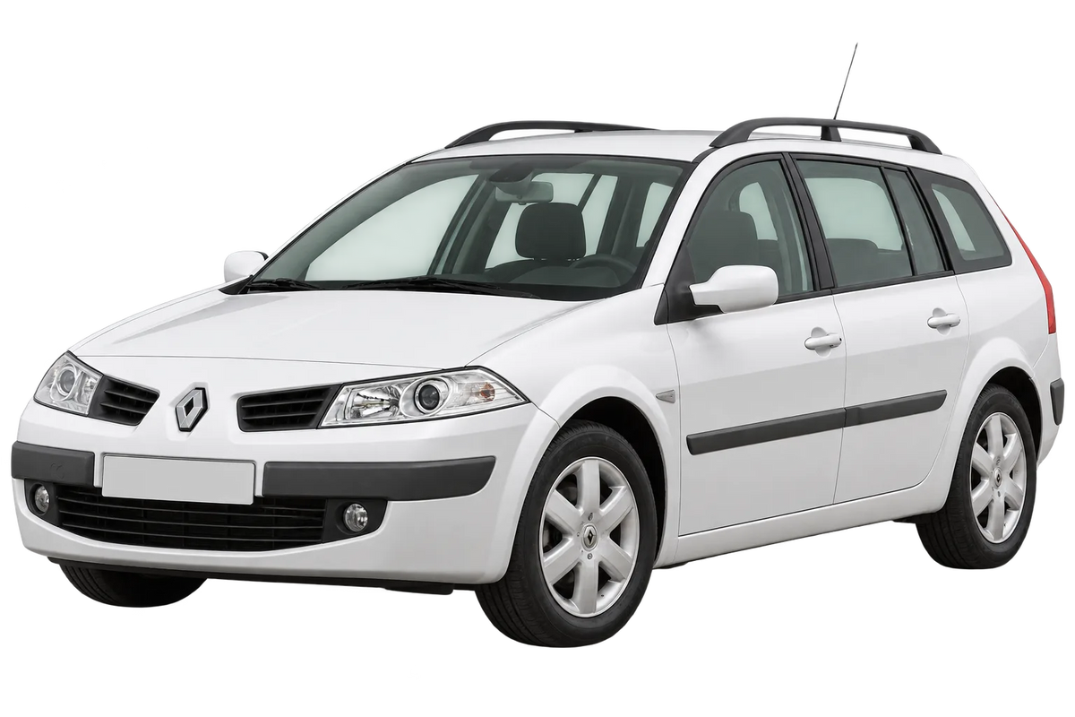 Witte Renault Megane M Grandtour, schuin van voren