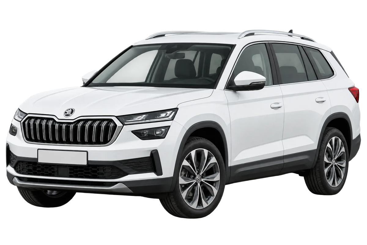 Witte Skoda Kodiaq PS, schuin van voren