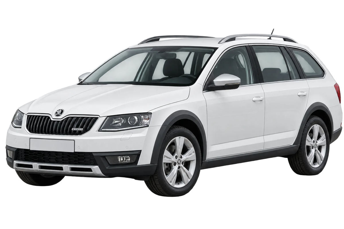 Witte Skoda Octavia 5E Combi Scout, schuin van voren