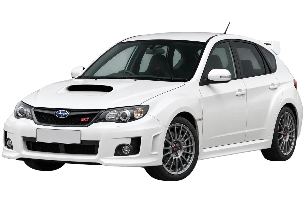 Witte Subaru Impreza G3, G3S WRX STi, schuin van voren