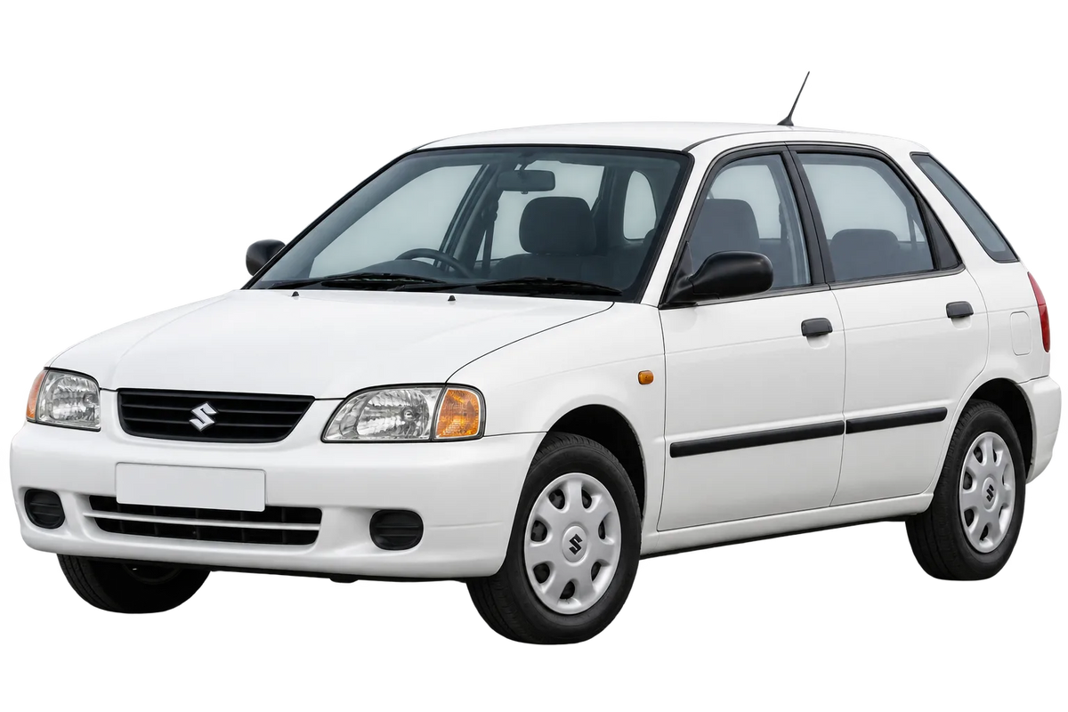 Witte Suzuki Baleno EG, schuin van voren
