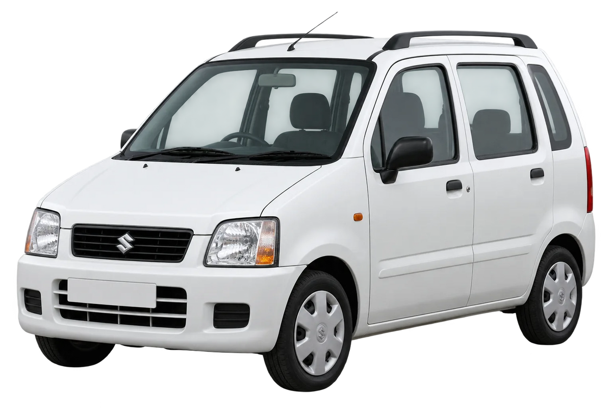 Witte Suzuki Wagon R MM, schuin van voren