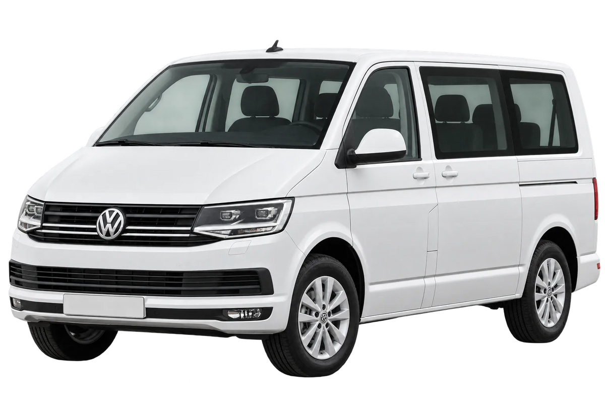Witte Volkswagen Bus / Transporter T6 7J0 T6.1 Transporter, schuin van voren