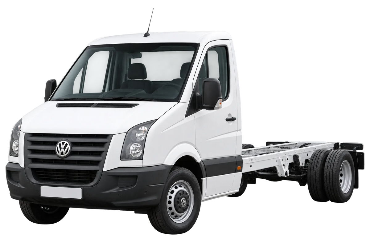 Witte Volkswagen Crafter 2EC, 2EKE, schuin van voren